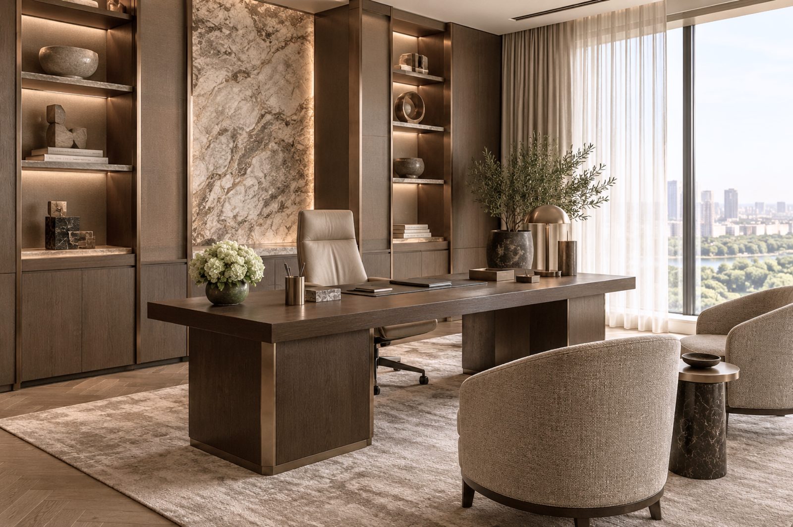 A private office with a stone feature wall, a desk and lounge chairs