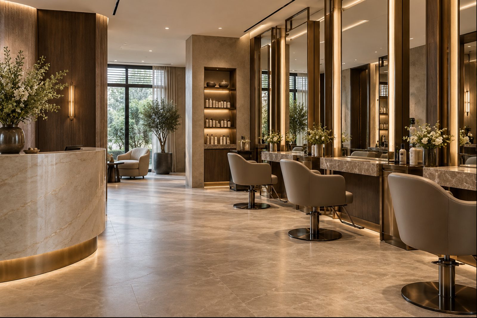 A hair salon with a curved reception desk and styling chairs