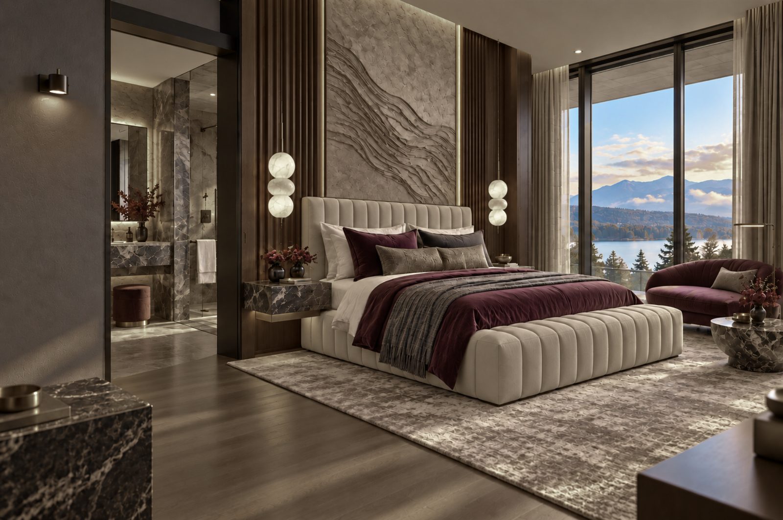 A hotel bedroom with a stone headboard wall and a lake view