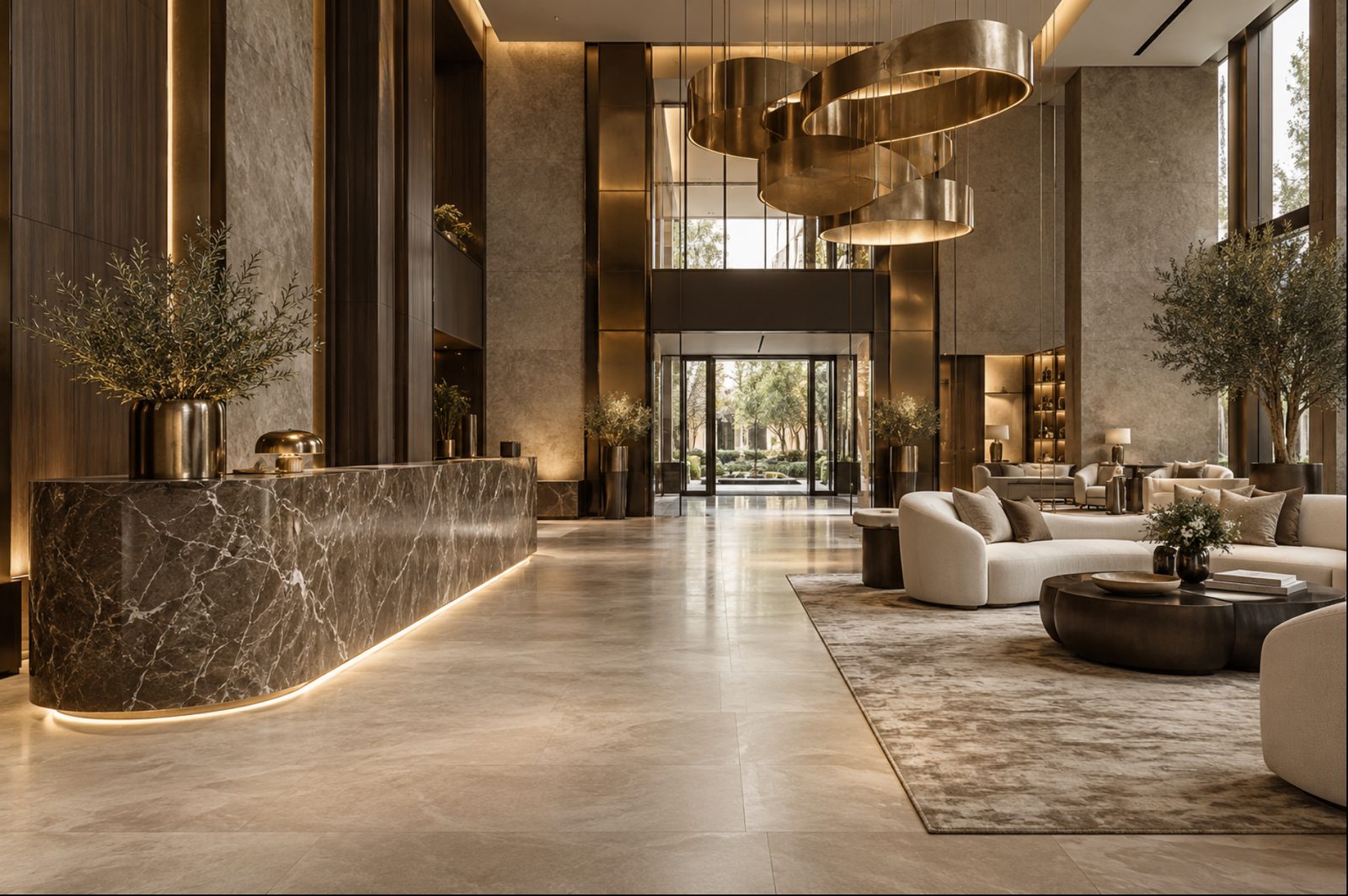 A hotel lobby with a marble reception desk, brass ring pendants and curved sofas