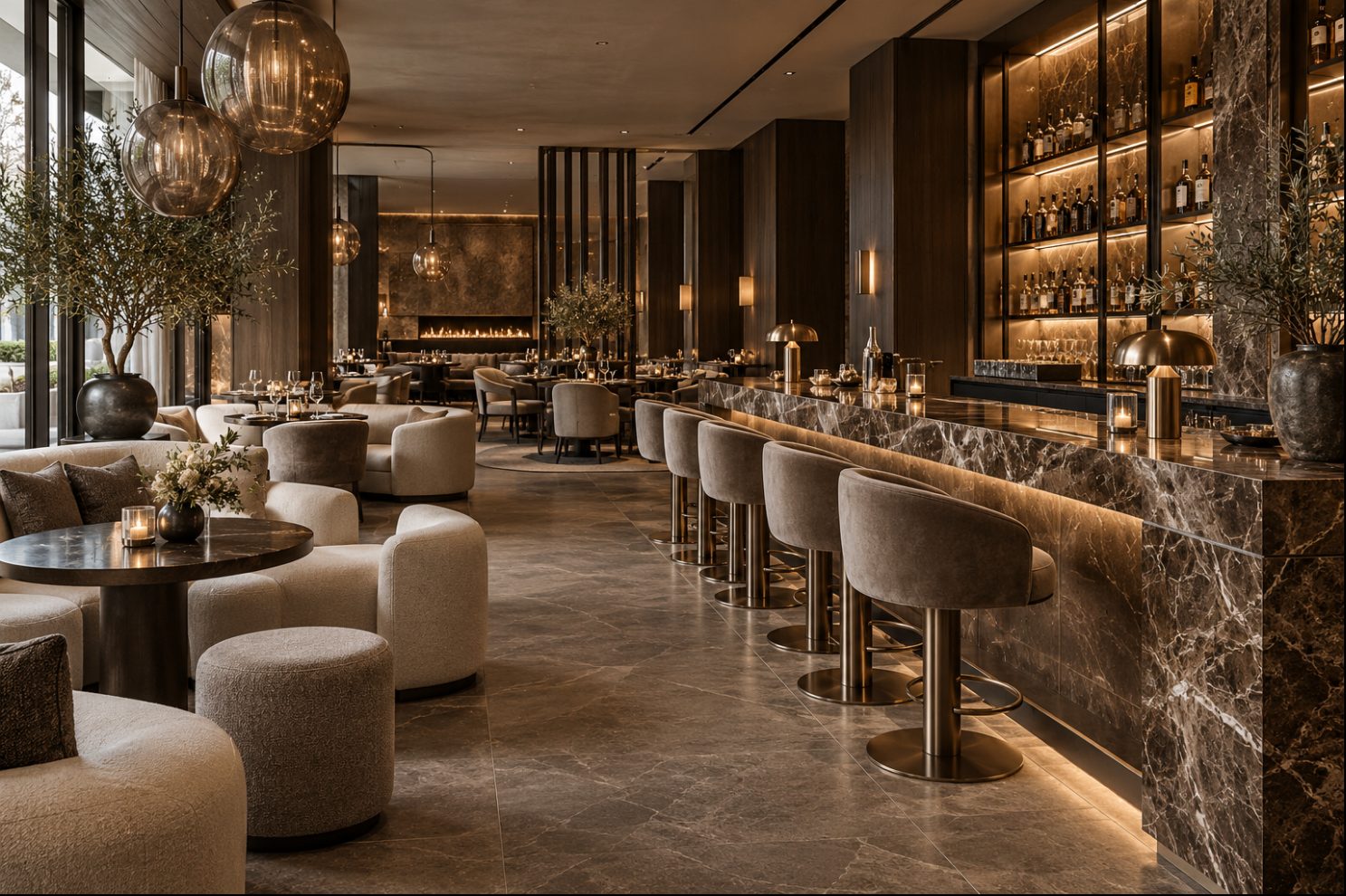 A restaurant bar with a marble counter, upholstered stools and a lit wall of bottles
