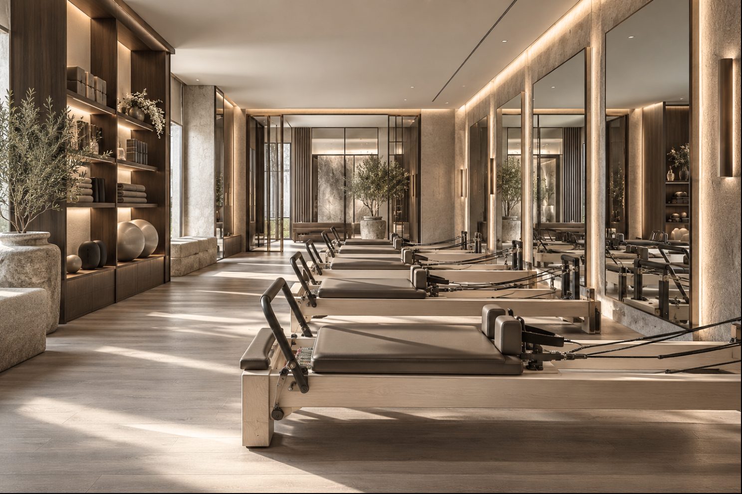 A Pilates studio with a row of reformers beside a mirrored wall
