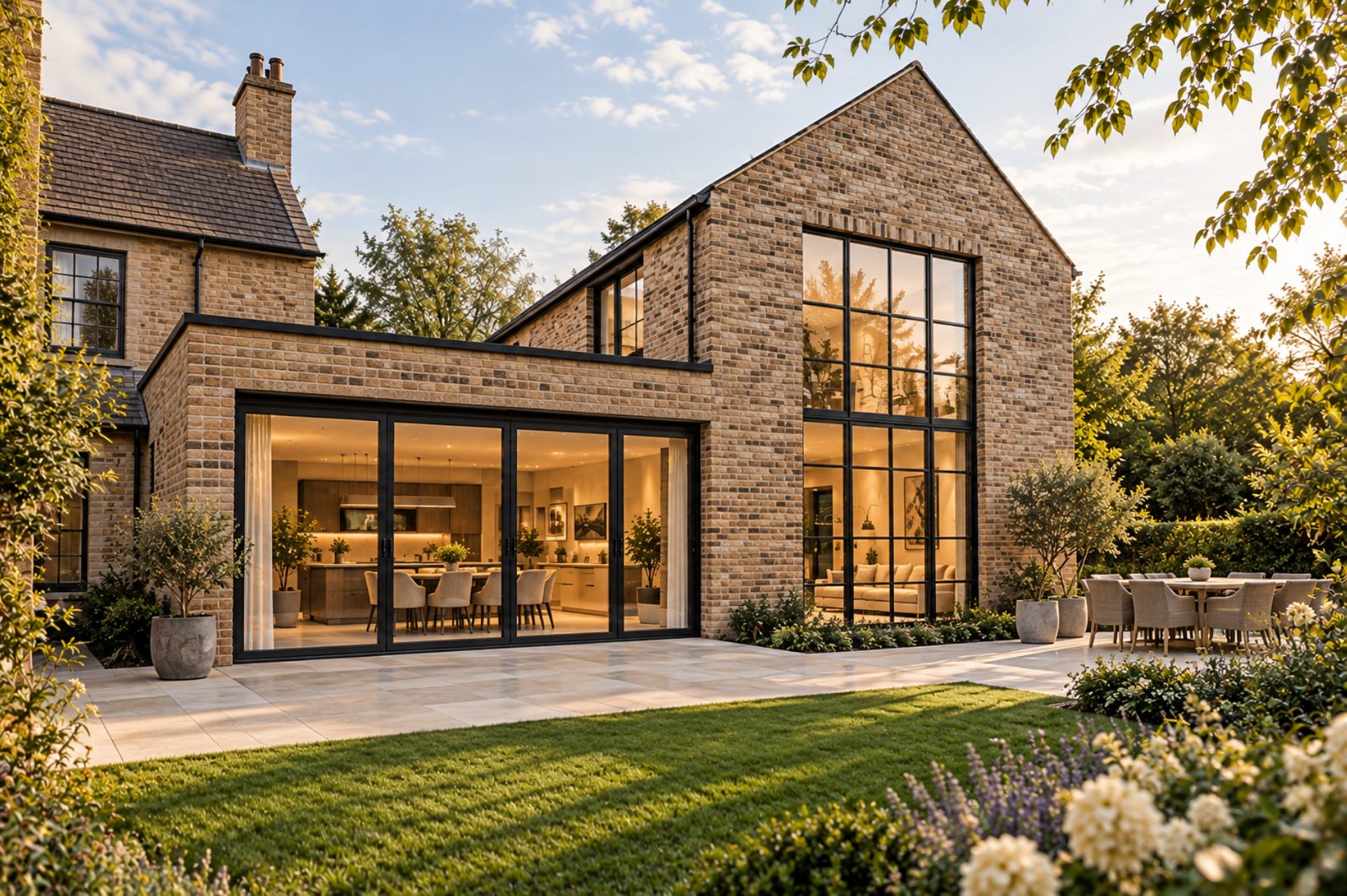 A stone house with a glazed gable extension opening onto the lawn