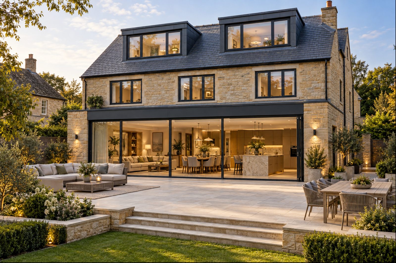 A stone house with a dormer loft and a full width glazed rear extension