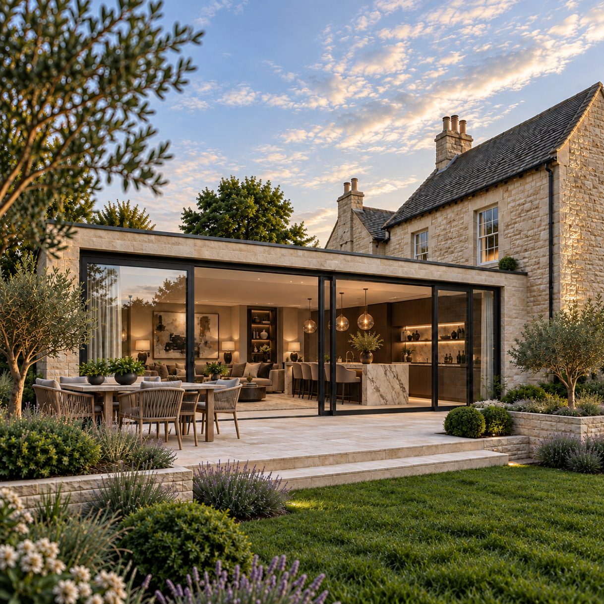 A flat roofed stone extension with sliding doors onto a garden terrace