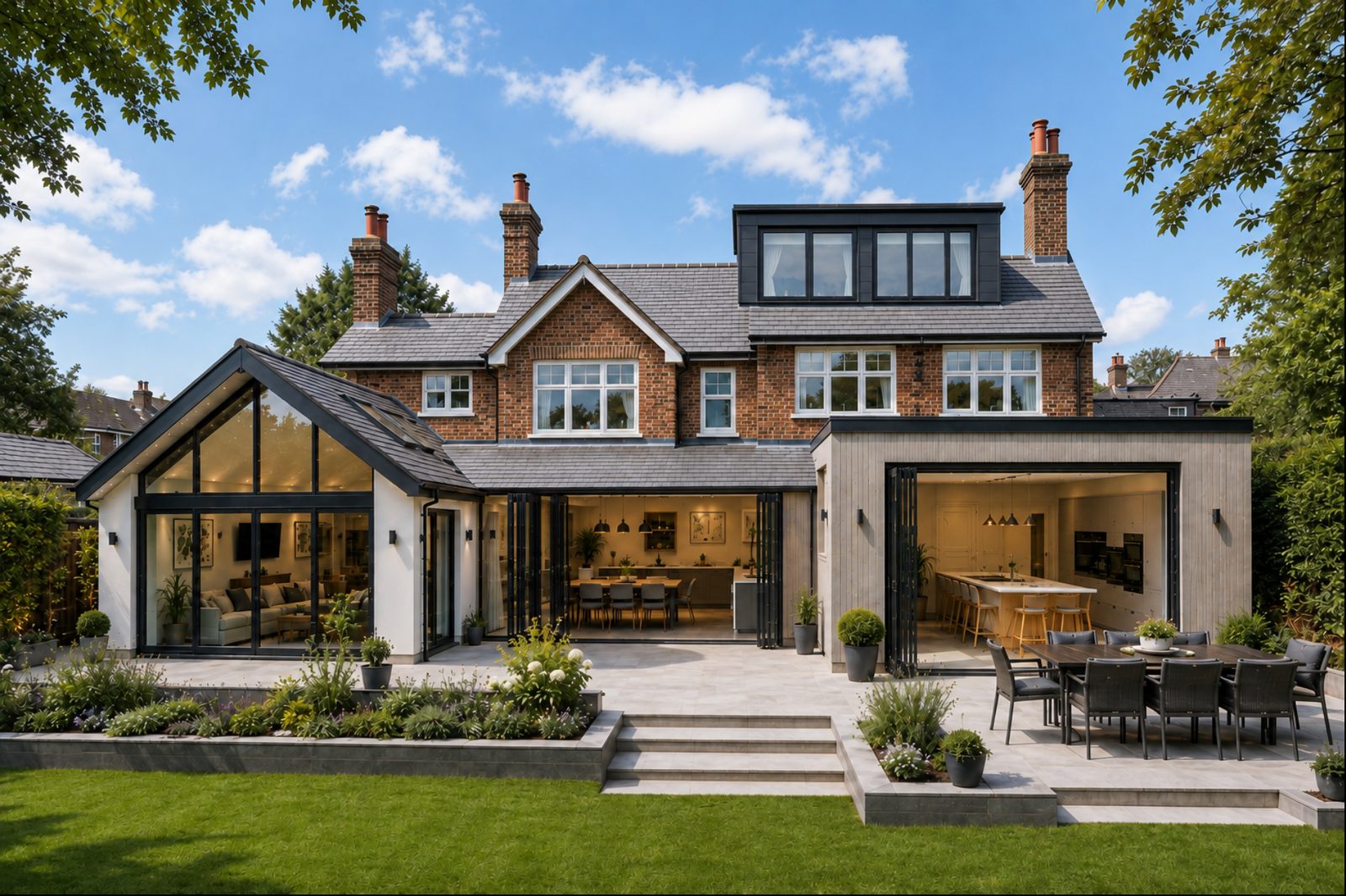 A brick house with a glazed gable extension, a flat roofed kitchen extension and a dormer