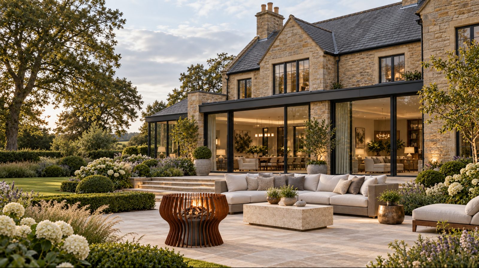 A stone house with a glazed extension above a terrace and fire pit