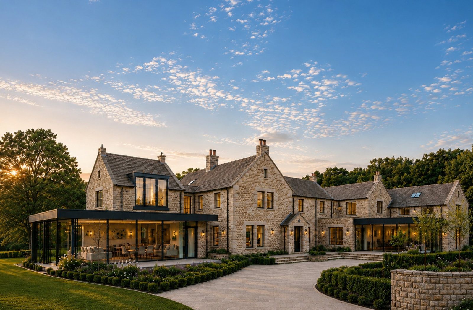 A large stone house at sunset with a glazed garden room extension