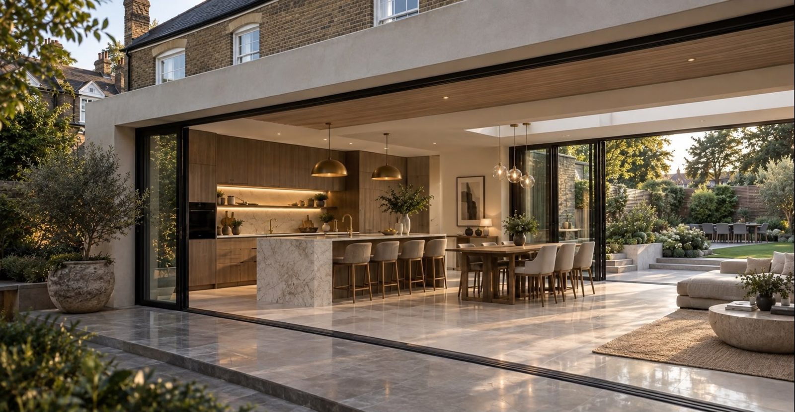 An open kitchen and dining extension with roof lights, opening onto the garden