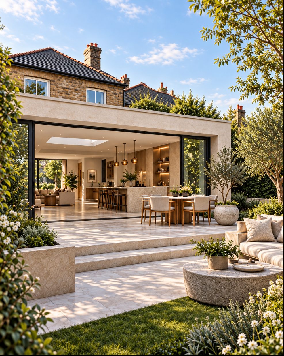 A white rendered rear extension opening onto a stone terrace