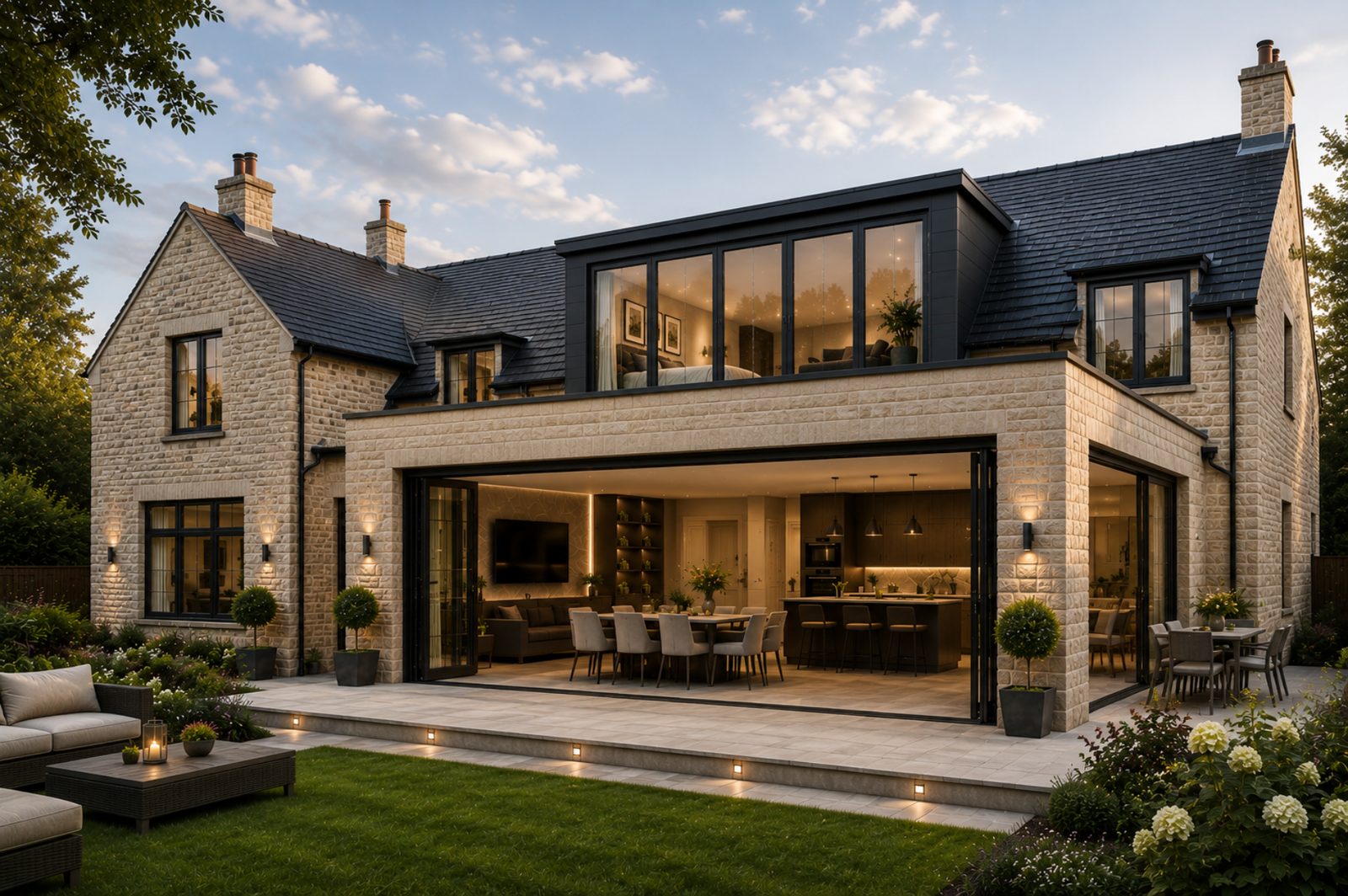 A stone house with a dormer loft and a glazed rear extension lit at dusk