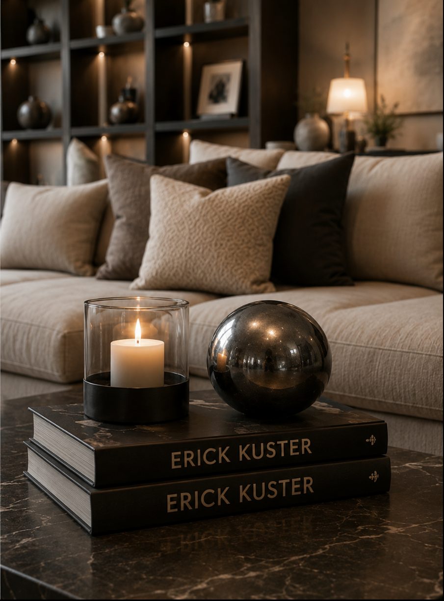 A sofa with cushions beside Erick Kuster books and a candle