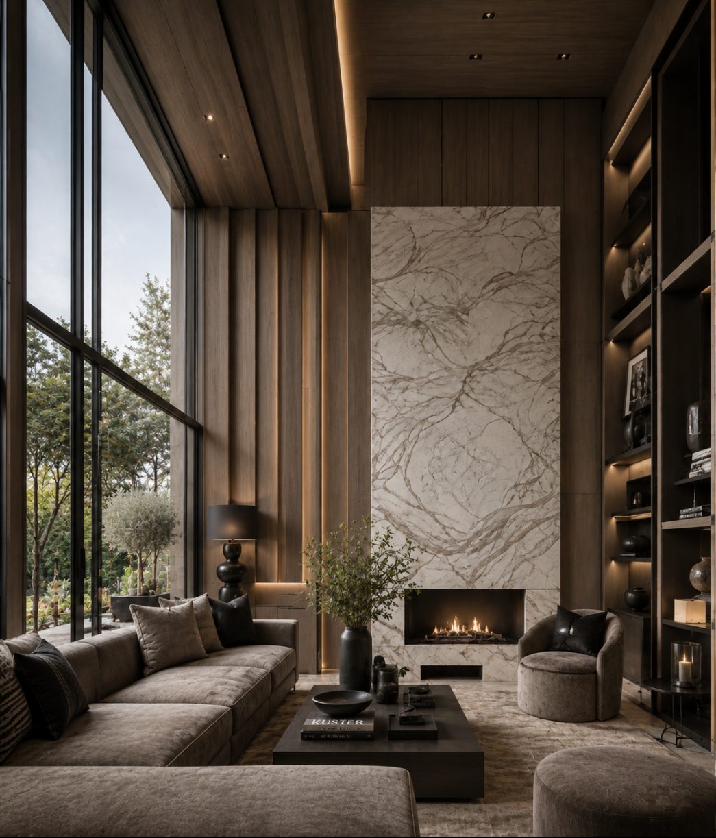 A living room with a marble fireplace wall and full height glazing