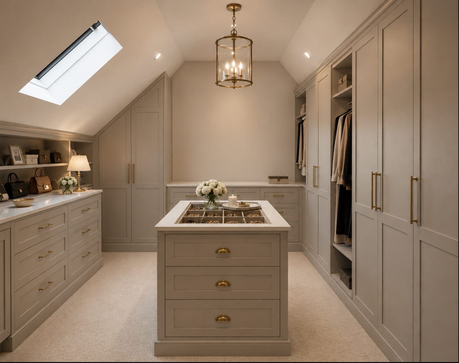 A dressing room in the eaves with a central island of drawers