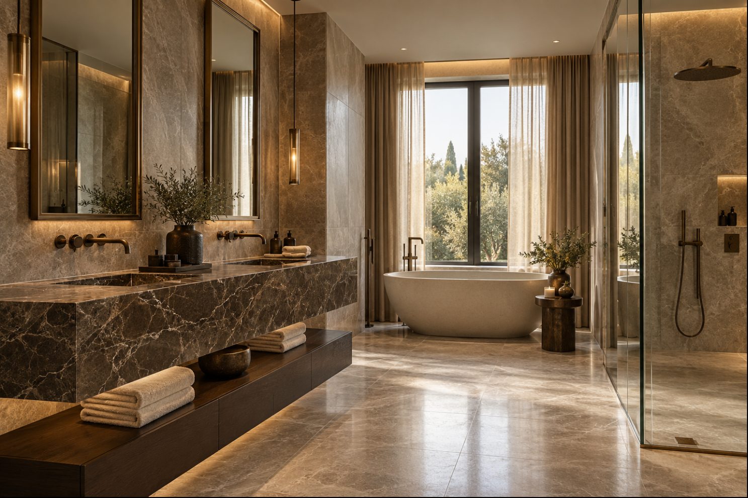 A marble bathroom with a double vanity, a freestanding bath under the window and a walk in shower