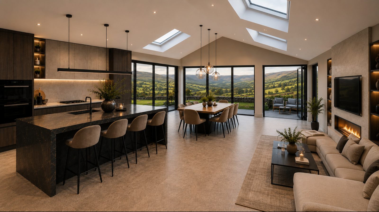 An open kitchen, dining and living space under roof lights, looking over the countryside