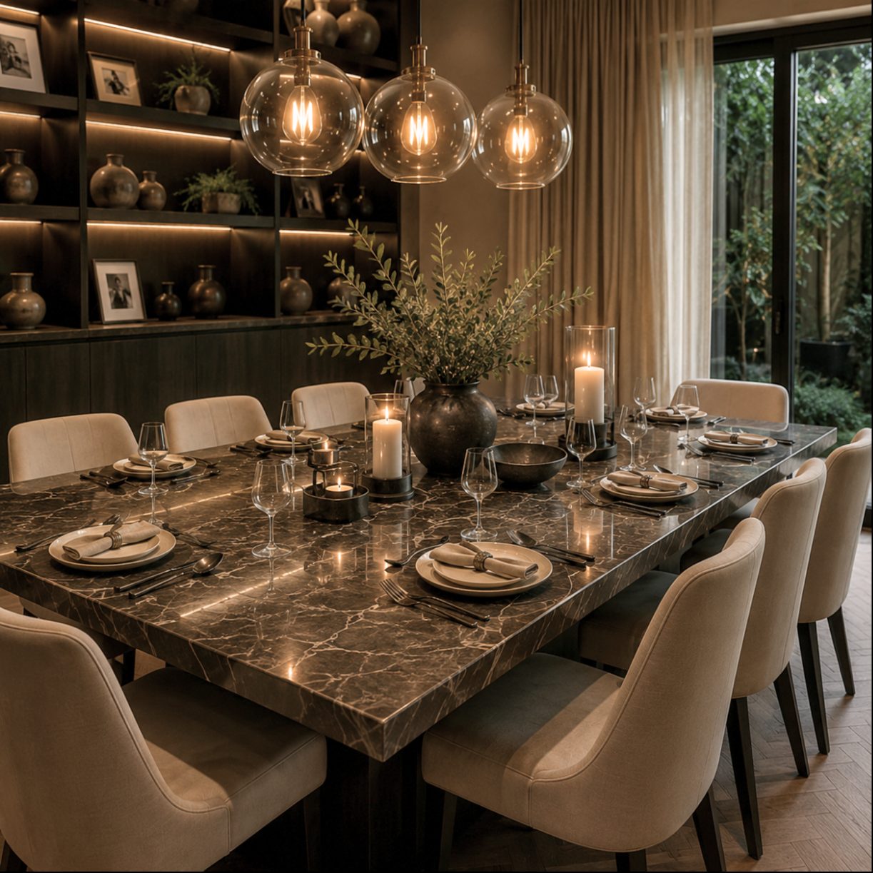 A marble dining table under glass pendants, set for dinner