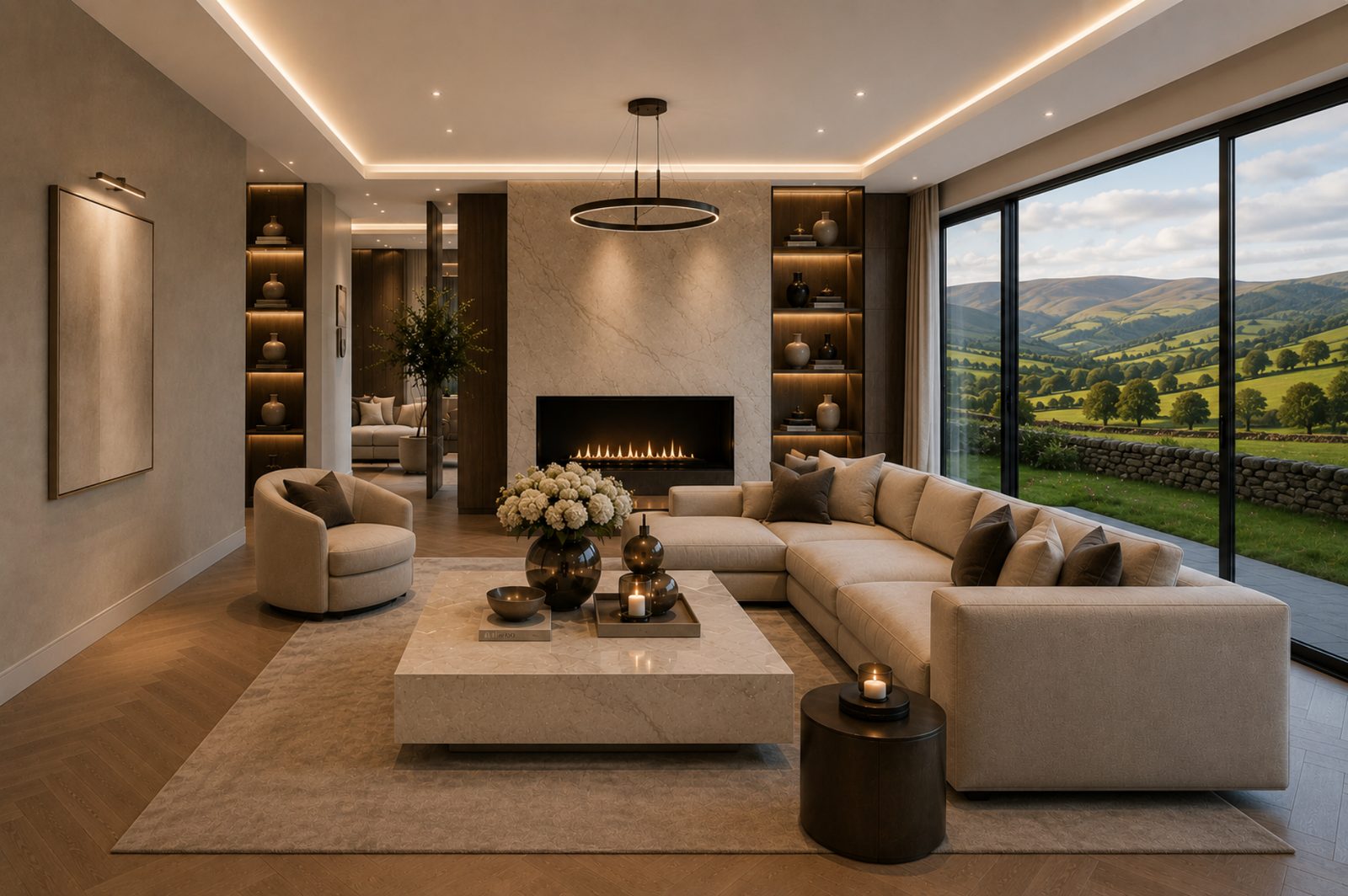 A living room with a long fireplace, built in shelves and garden views