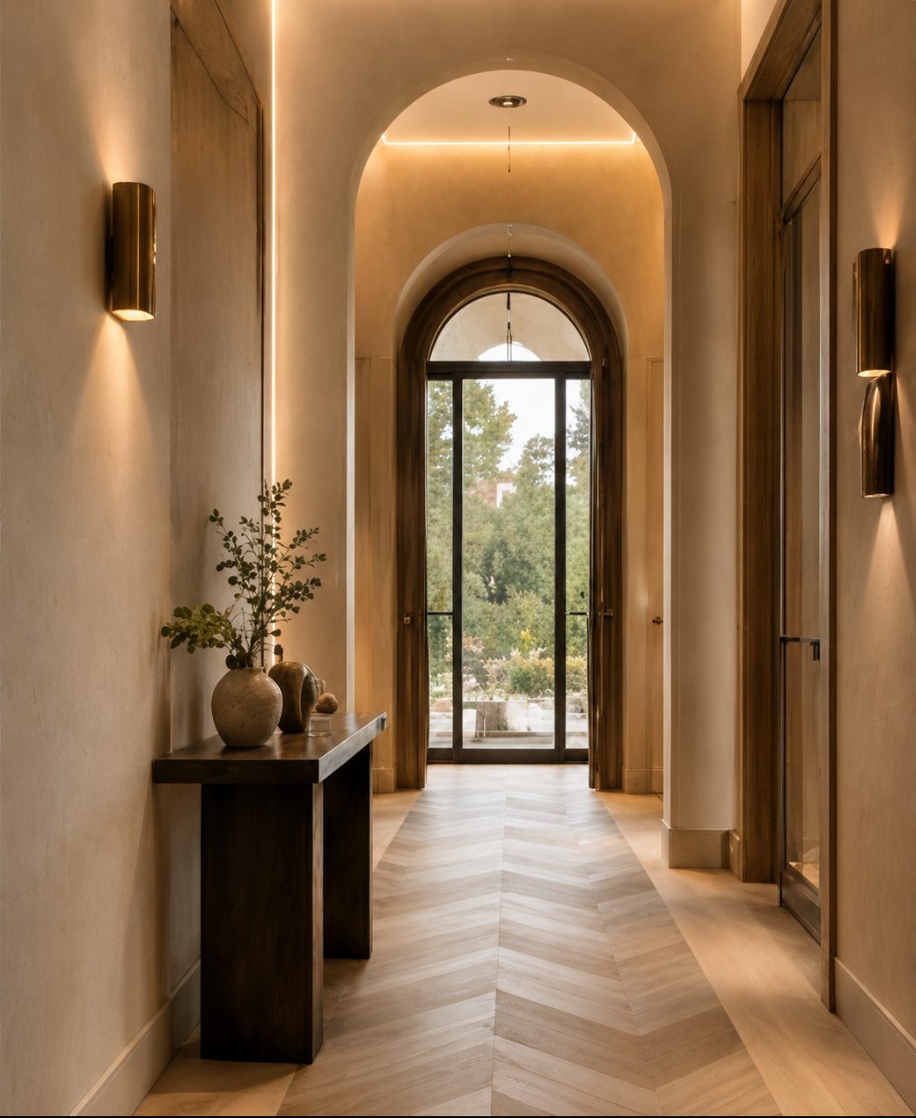 An arched hallway with a herringbone floor leading to a garden door