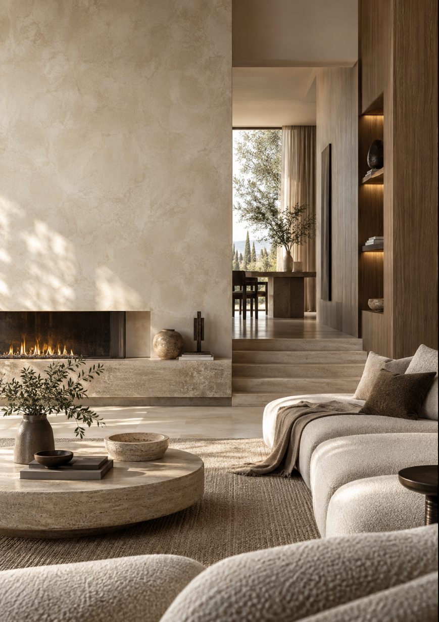 A plastered fireplace wall beside curved sofas