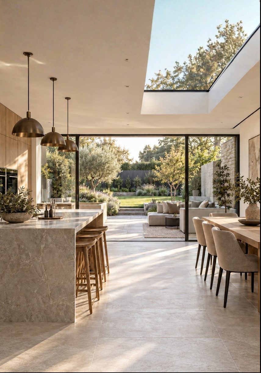 A stone kitchen island under a roof light, opening onto the garden