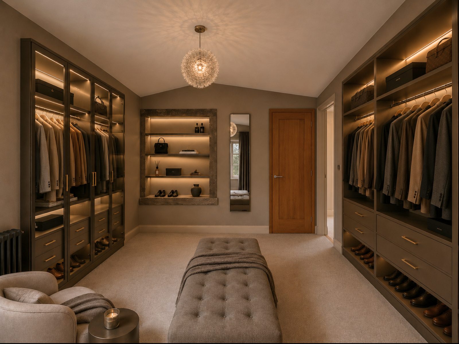 A walk in dressing room with lit wardrobes and an upholstered bench