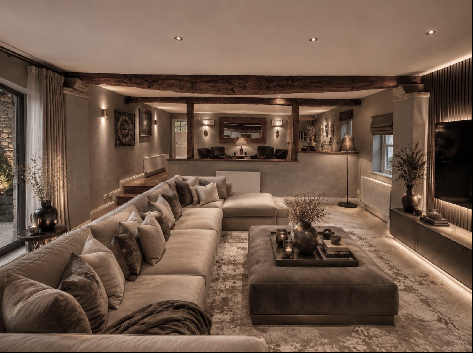 A media lounge with a deep corner sofa and an ottoman
