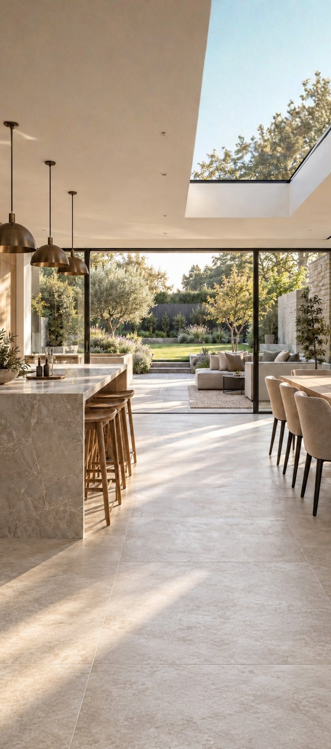 An open kitchen under a skylight, with a stone island and brass pendants, opening through sliding doors onto a garden