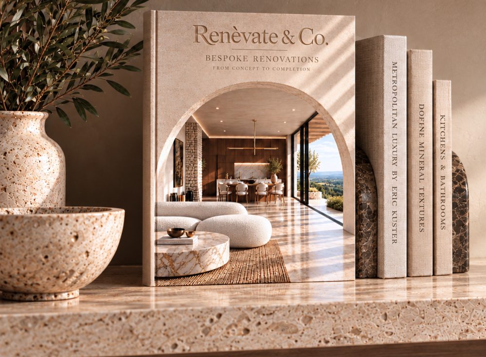 The Renevate & Co brochure on a stone shelf beside books, a vase and an olive branch