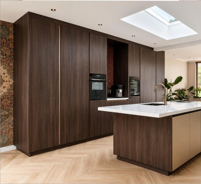 A walnut kitchen with a white island and a roof light, on a herringbone floor