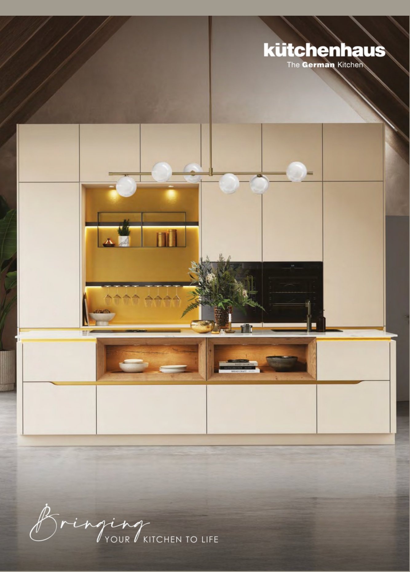 A cream Kutchenhaus kitchen with a lit oak shelf and glass globe pendants, bringing your kitchen to life