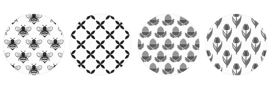 Bee, lattice, acorn and tulip patterns