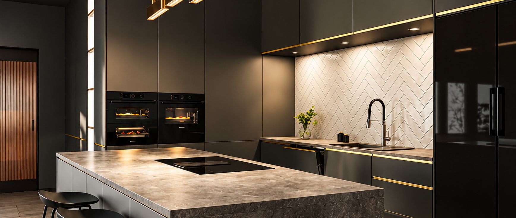A dark kitchen with a stone island, gold trim and a herringbone tiled splashback