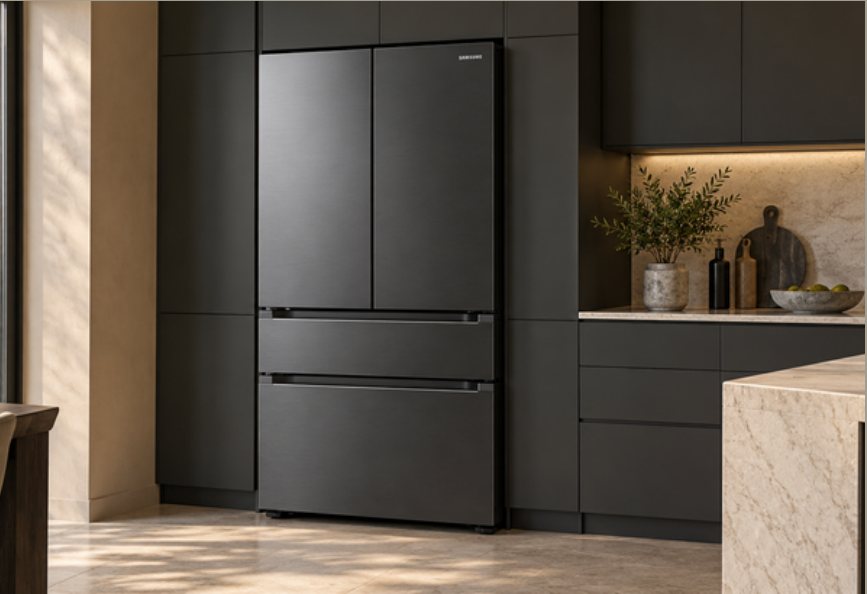 A black Samsung French door fridge freezer in a dark kitchen