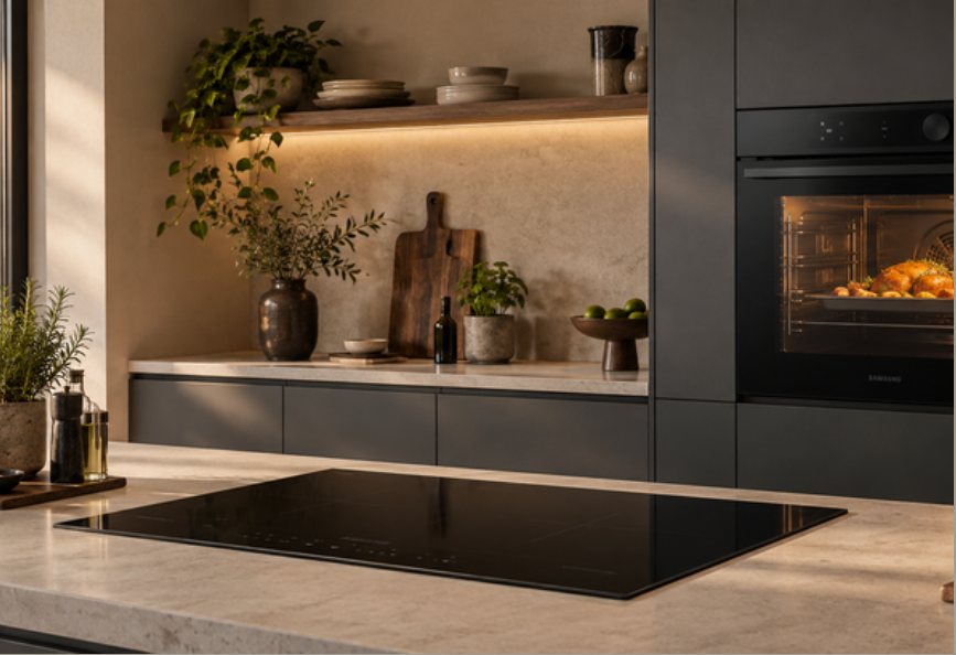 A Samsung induction hob and oven in a stone and black kitchen