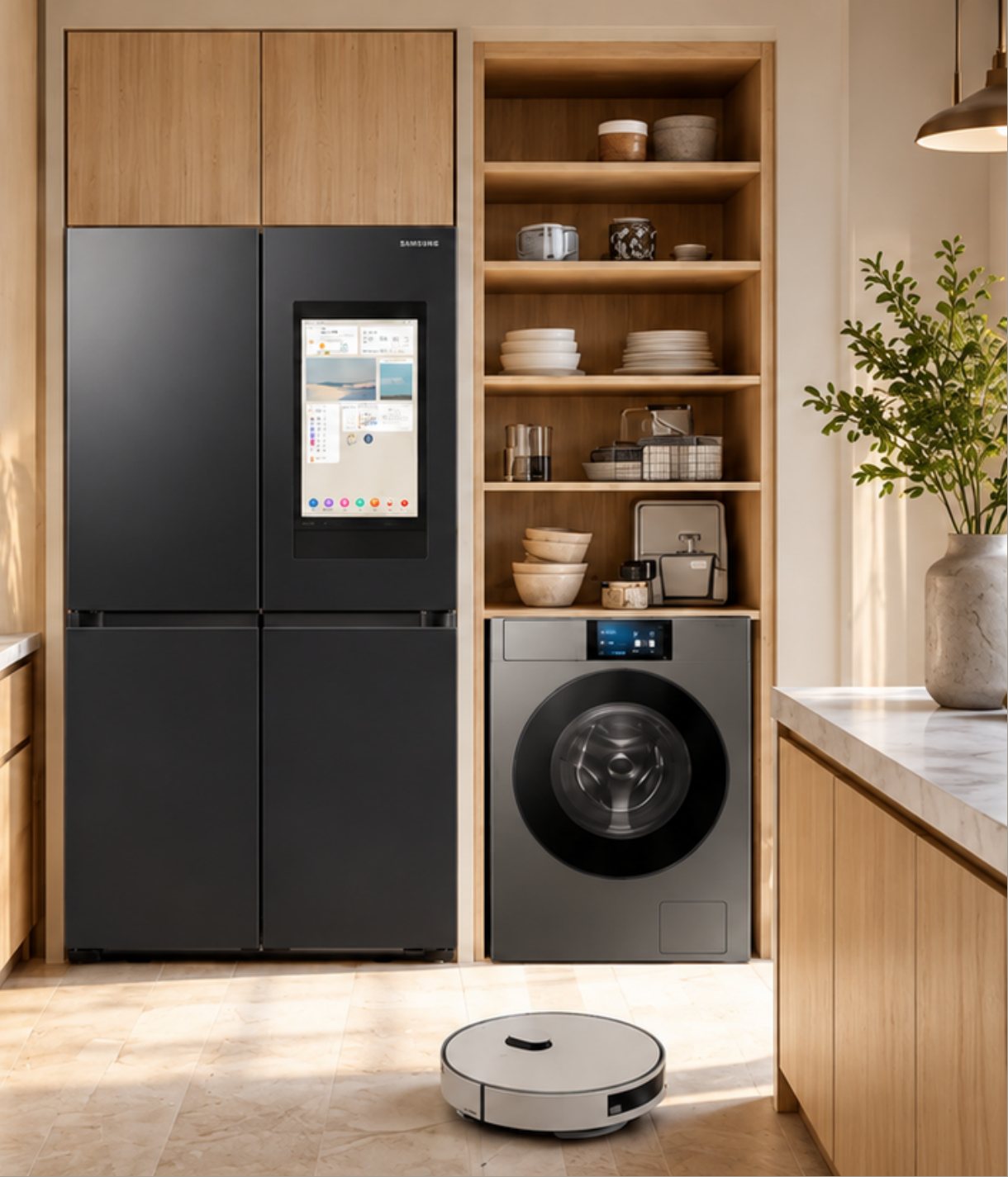 A Samsung fridge with a screen and a washer dryer in an oak kitchen, with a robot vacuum on the floor