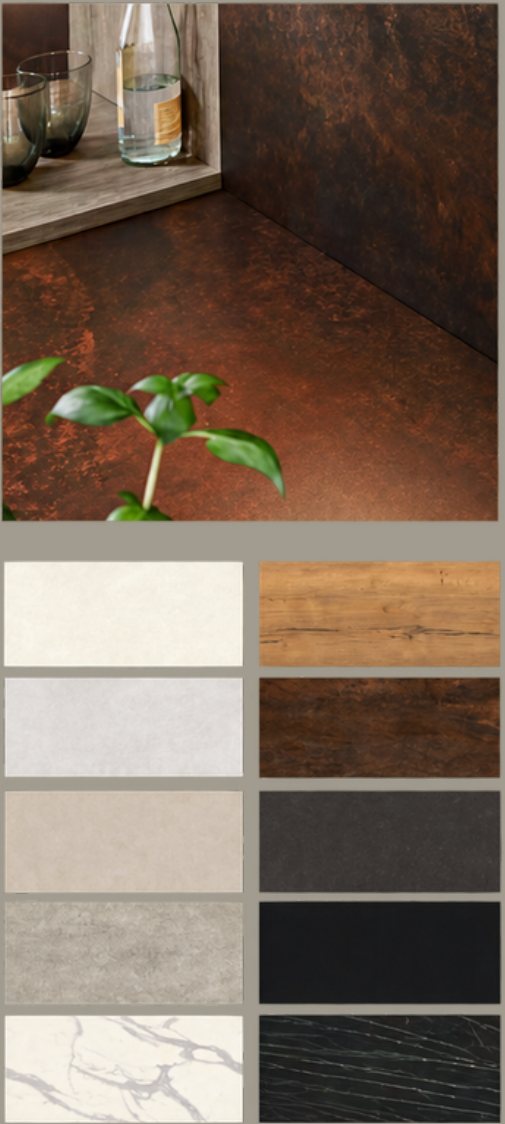 A rust effect ceramic worktop, and samples of the stone, marble, wood and dark finishes