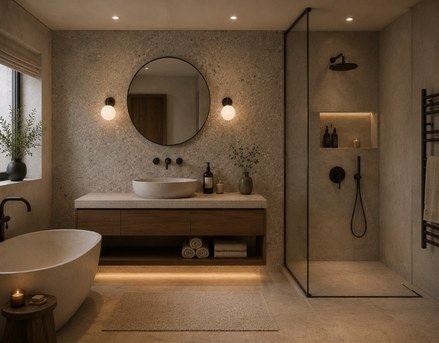 A bathroom with a freestanding bath, a walk-in shower and a round mirror
