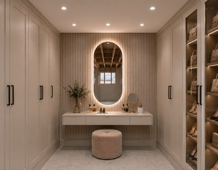 A dressing room with fitted wardrobes, a lit oval mirror and a vanity