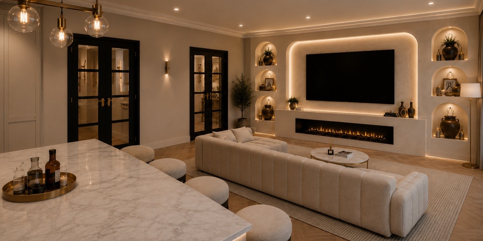 An open plan living room with a marble island, a long cream sofa and a fireplace wall with lit niches